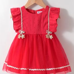 Kookie Kids Frill Sleeves Frock with Star Applique- Red-image-55