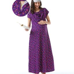 Bella Mama 100% Cotton Knit Half Sleeves Cowl Neck  Nursing Nighty Floral Print - Purple-picture-14