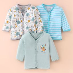 OHMS Single Jersey Cotton Knit Full Sleeves Front Open Vests with Stripes & Animal Print Pack of 3 - Blue White & Grey-image-98