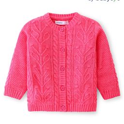 Babyoye Full Sleeves Front Open Sweater With Cable Knit Design - Pink-image-19