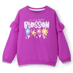 Pine Kids Cotton Knit Full Sleeves Drop Shoulder Sweatshirt with Floral Print & Frill Detailing - Purple-image-79