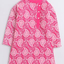 Aww Hunnie 100% Cotton Full Sleeves Ethnic Paisley Printed Angrakha Style Kurta - Pink-image-51