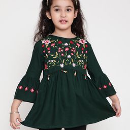 ISHTI Three Fourth Sleeves Floral Embroidered Top - Bottle Green-image-77