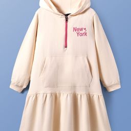 Pine Kids Cotton Knit Full Sleeves Hooded Sweatshirt Dress with Kangaroo Pockets & Text Print - Beige-image-44
