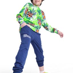 Ollington St. 100% Cotton Knit Full Sleeves Sweatshirt & Joggers Set With Tiger Print - Green & Navy-image-123