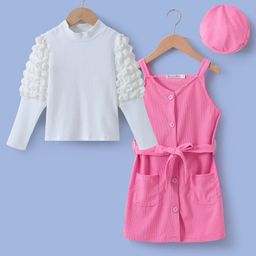 Kookie Kids Full Sleeves Inner Top with Solid Colour Party Dress - Pink-image-105
