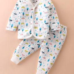 Bodycare Cotton Full Sleeves Front Open Winter Wear Thermal Set with Car Print - Off White-image-44