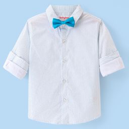 Babyhug Woven Full Sleeves Party Shirt with Bow & Polka Dots Print - White & Light Blue-image-99