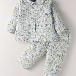 Evimo Single Jersey Knit Full Sleeves Floral Printed Night Suit - White & Light Blue-image-22