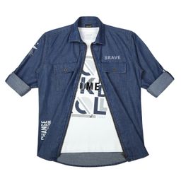 CAVIO Cotton Full Sleeves Zipper Shirt With Typography Printed Tee - Navy Blue-image-38
