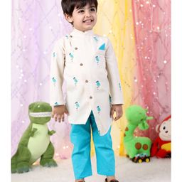 Polka Tots Cotton Full Sleeves Flamingo Embroidered Kurta Pyjama Set - White-image-80