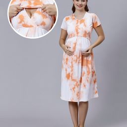 True Shape Half Sleeves Tie Dye Maternity Dress With Zipless Nursing Access - Orange-image-96