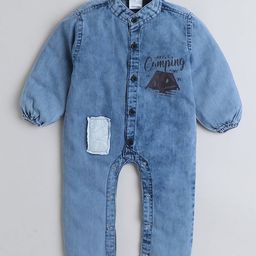 Polka Tots Denim Puff Sleeve Camping PrintedFootsie Romper - Blue-image-41