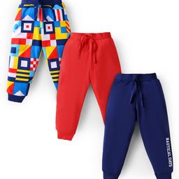 Babyhug Single Jersey Knit Full Length Lounge Pant with Geometric & Text Print Pack of 3 - Red & Navy Blue-image-4