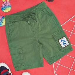 Pantaloons Junior Cotton One Earth Only Text Patch Detailed Shorts - Olive Green-image-56