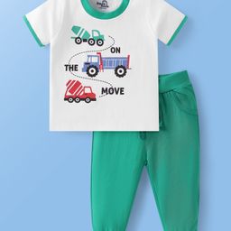 Doodle Poodle 100% Cotton Knit Half SleevesVehicle Printed T-Shirt & Lounge Pant Set - White & Mint-picture-1