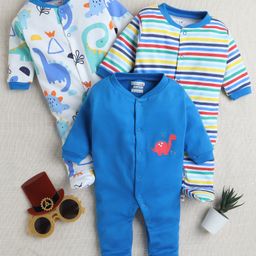 BUMZEE Cotton Knit Full Sleeves Footed Sleep Suits with Dino Print & Stripes Pack of 3 - Multicolor-image-31