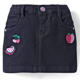 Babyhug Mid Thigh Length Denim Skirt with Fruit Embroidery - Black-image-87