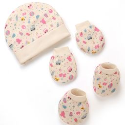 Ben Benny 100% Cotton Knit Cap Mitten Booties Set with Floral Print Pink -Diameter 11 cm-28