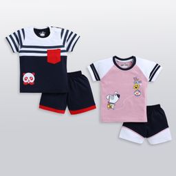 CUTOPIES Pack Of 2 Cotton Half Sleeves Panda & Puppy Printed Tee With Coordinating Shorts Set - Navy Blue & Onion Pink-image-47