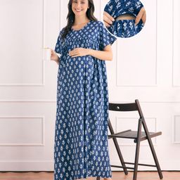 Bella Mama Cotton Woven Half Sleeves Maternity Kaftan Nursing Nighty With Floral Print - Blue-image-31