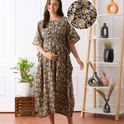 Bella Mama Cotton Woven Maternity Nursing Kaftan With Floral Print - Black-image-14