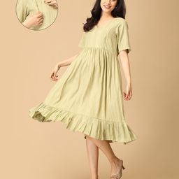 The Mom Store Half Sleeves Abstract Printed Maternity Dress With Concealed Zipper Nursing Access - Olive-picture-18