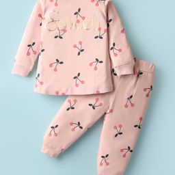Pink Rabbit Single Jersey Knit Full Sleeves Co-ords Night Suit with Cherry Print - Light Peach-image-95