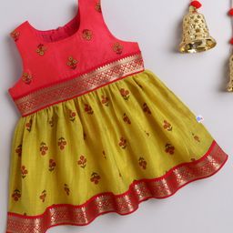 Many frocks & Chanderi Woven Sleeveless Floral Motifs Printed Gota Lace Embellished Dress - Pink & Yellow-image-32