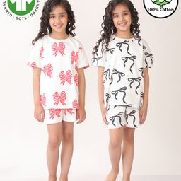 Anthrilo Cotton Knit Pack Of 2 Half Sleeves Bow Printed Coordinating Night Suits - White-image-91