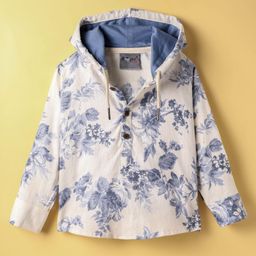 Dapper Dudes Full Sleeves Floral Printed Hooded Kurta Style Shirt - Blue-picture-23