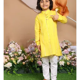 LIL PITAARA Pure Cotton Woven Full Sleeves Birds Applique Detailed & Gota Lace Embellished Kurta Pyjama Set - Yellow-picture-29