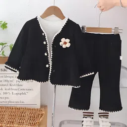 Googo Gaaga Cotton Knit Ribbed Top Trousers With Full Sleeves Flower Applique Detailed Light Winter Sweater - Black-picture-12