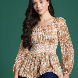 DressBerry Floral Print Puff Sleeves Chiffon Peplum Top-16