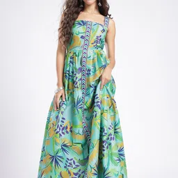 glitchez Tropical Printed Tie-Up Flared Maxi Dress-picture-18