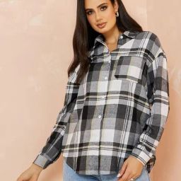 Styli Long Sleeves Checkered Rib Oversized Shirt-image-8