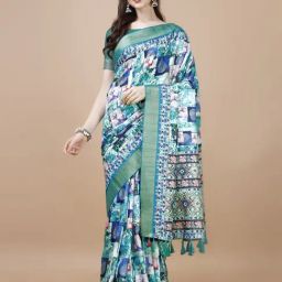JUST FASHION Blue Silk Printed Saree With Unstitched Blouse-picture-34