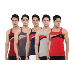 Dollar Bigboss Assorted Color Cotton Regular Fit Colour Block Gym Vests (Pack Of 5)-picture-4
