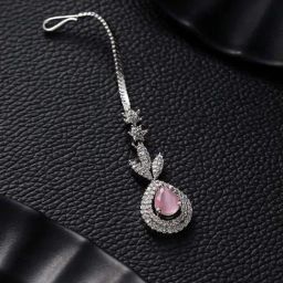 Aatmana Silver-Plated & Pink AD Studded Teardrop Shaped MaangTikka for Women-7