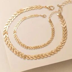 Oomph Jewellery Gold Tone Fishbone Chain Choker Necklace & Anklet Jewellery Set-7