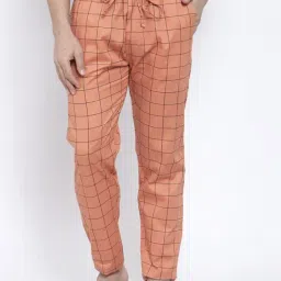 Jainish Peach Cotton Regular Fit Checks Trackpants-image-87