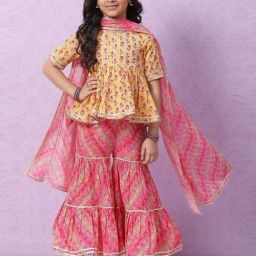 Biba Kids Yellow & Pink Cotton Floral Print Kurta Set-image-67