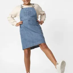 KIDS ONLY Kids Blue & Off-White Cotton Regular Fit Dungaree-image-33
