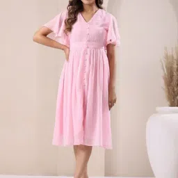 Janasya Pink Self Pattern Casual Dress-image-15
