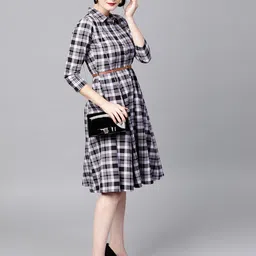 SASSAFRAS Women Black & Lavender Checked Shirt Dress-image-101