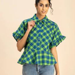 Moomaya Green Cotton Checks Peplum Top-image-71