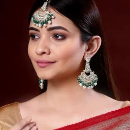 Panash Gold Plated Kundan Studded Maang Tikka & Earrings Set-image-64