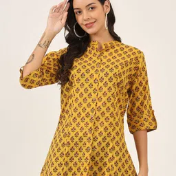 BAESD Floral Print Mandarin Collar Roll-Up Sleeves Ethnic Cotton Top-image-100