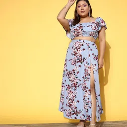 Berrylush Curve Women Plus Size Blue & Maroon Floral Print One Shoulder Top & Skirt-2