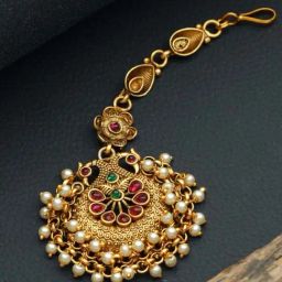 Aatmana Gold-Plated Green & Pink Stone-Studded & Beaded Temple MaangTikka for Women-image-29